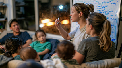 Fototapeta premium A sleep coaching consultation unfolds inside a rain-streaked suburban home, a family gathered around a pediatric sleep specialist who charts routines on a whiteboard, the wet window behind them blur