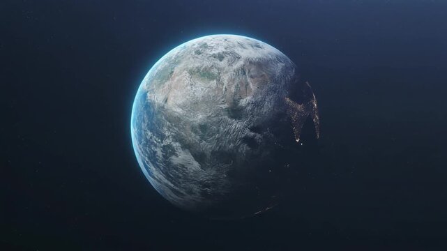 Earth spinning slowly in deep space with subtle lighting transitions for global concepts