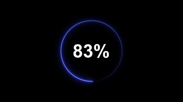 83 percent loading progress circle animation with glowing blue neon ring on black background eighty-three