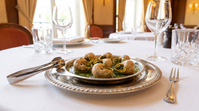 A plate of traditional Escargots baked with garlic herb butter rests on a white tablecloth in the luxury French restaurant. The warm and savory snails look so magnificent.