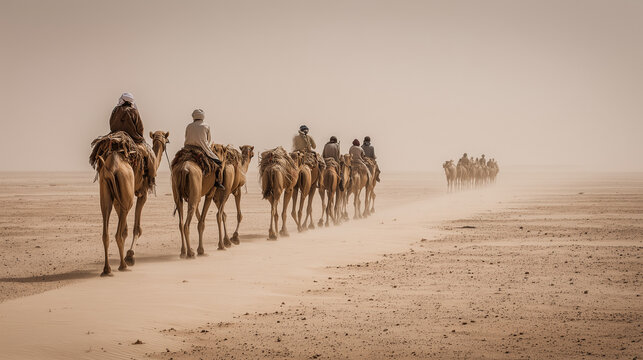 nomadic tribe with camels in the desert
