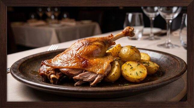 A crisp Duck Confit is wonderfully served with golden roasted potatoes on a dark ceramic plate in the high-end French restaurant. The rich roast meat is flawlessly cooked.