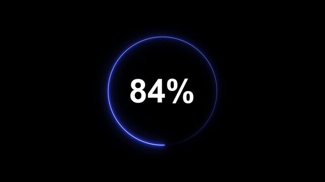 84 percent loading circle progress bar animation with glowing blue neon ring on black background, eighty-four percent