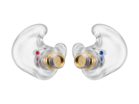 Custom in ear monitor earpieces transparent custom molded IEM audio headphones isolated on white background for musician studio sound monitoring high fidelity equipment listening experience.