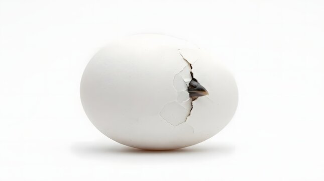 Bird Beak Emerging from Cracked White Egg Isolated on White Background