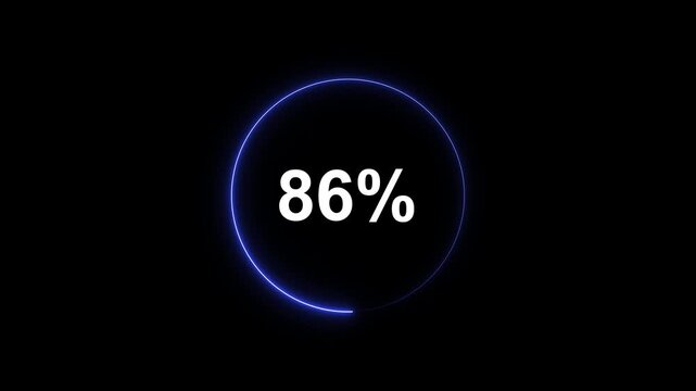 Neon blue circular loading progress bar animation at 86 percent on black background, circle percentage