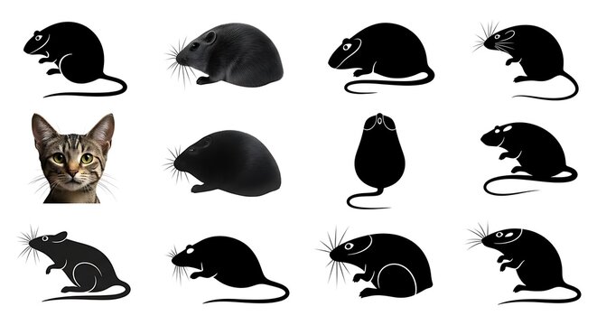 Collection of black rat silhouettes and realistic domestic cat head