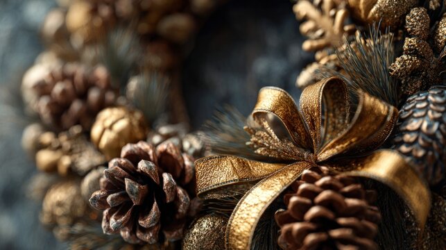festive holiday wreath with pinecones and golden ribbon