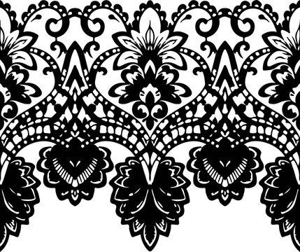 Black lace border trim ornament with floral damask pattern ornament monochrome