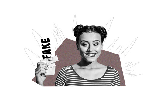 Composite photo collage of happy cunning girl hold chocolate imitation wrapper fake disinformation spread isolated on painted background