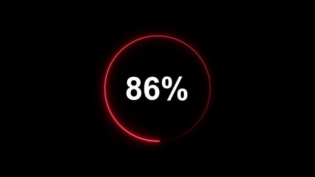 Neon red circular loading progress bar animation with 86 percent counter on black background percentage
