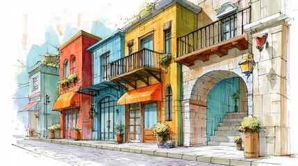 Fototapeta premium Vibrant colorful European street scene featuring charming buildings and shopfronts with balconies and stairs
