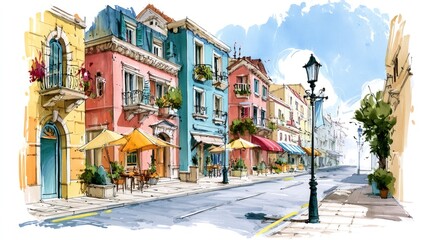 Fototapeta premium Vibrant Colorful Street Scene with Cafés, Vintage Buildings, and Outdoor Seating