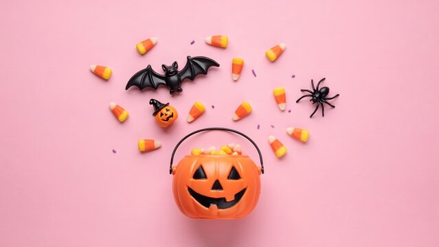 Halloween candy bucket with bat and spider decorations on a pink background