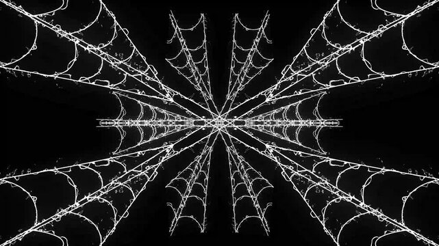 White spider web formation animation with elastic thread motion, spooky Halloween cobweb overlay element for compositing, intricate arachnid silk structure overlay on black background,4k video