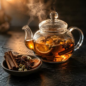 Warm tea in a glass pot sits beside spices and citrus on a dark surface