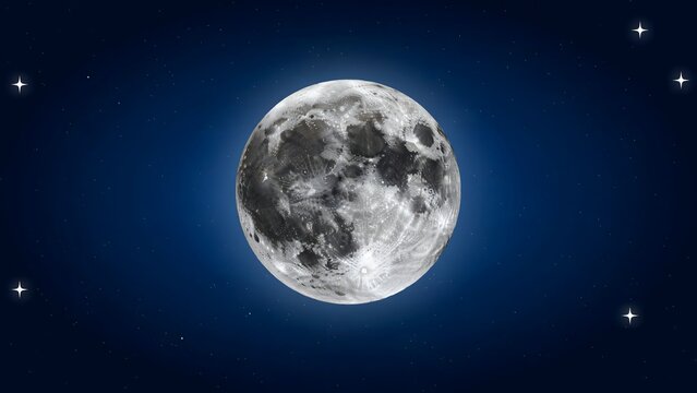 Full moon in the dark night sky with bright stars, lunar celestial background.