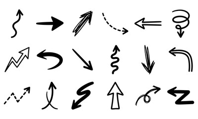 Fototapeta premium Hand-drawn black arrows pointing in multiple directions on white background for design layouts