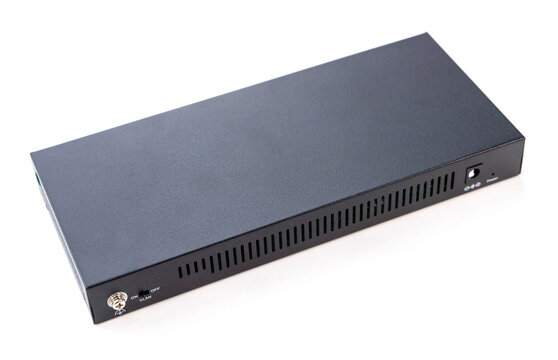 Compact Black Network Switch with VLAN Toggle on White Background