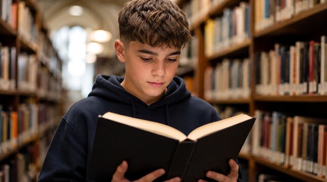 Young male college student studying and holding a textbook between library bookshelve
