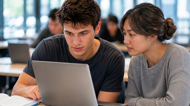 Focused college students working together on a laptop during a teamwork assignment in a university computer lab