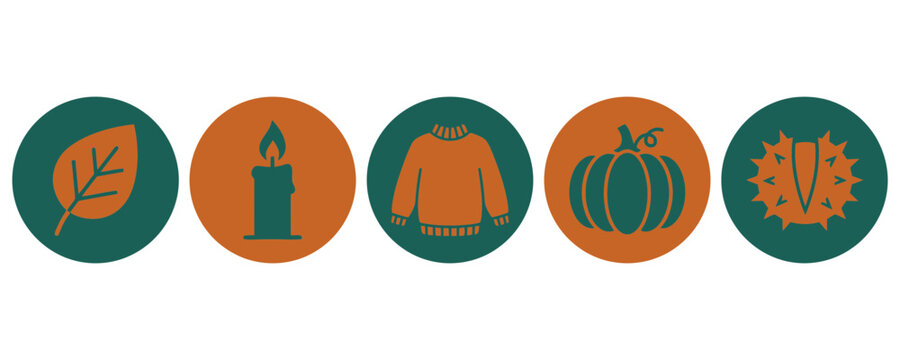 Set of five flat vector seasonal beer festival icons with mugs and hops on green circles