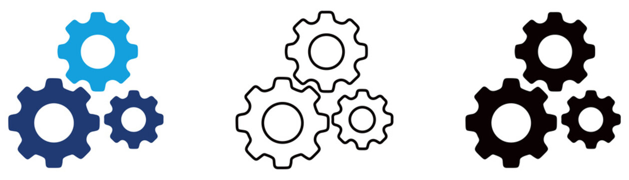 Multicolor Gear Settings Icon Set with Filled and Outline Styles for Configuration System Management Process Optimization Technology Control and Engineering Isolated on Transparent Background