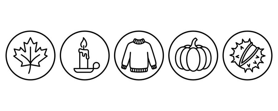 Five hand-drawn autumn harvest icons set with pumpkin, acorn, leaf, and gourd outlines