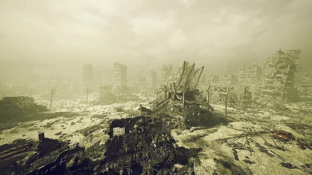 Hazy panorama of fractured tower silhouettes, muted tones, drifting fog and rusted frames, moody atmosphere suited for dystopian editorials and concept art