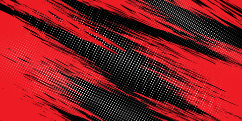Fototapeta premium Dynamic red and black abstract background featuring diagonal distressed strokes, halftone texture, and bold graphic contrast. Suitable for posters, banners, covers, digital designs, and modern visual