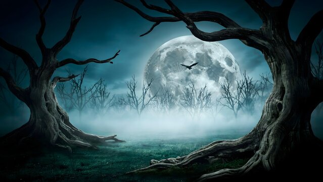 Spooky Halloween Night Scene with Full Moon and Dark Trees