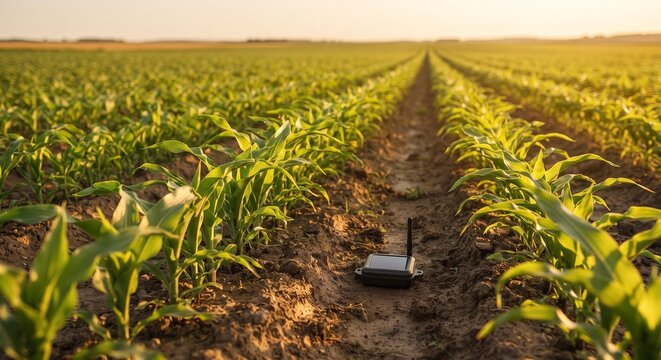 Smart agriculture soil sensor monitoring corn field crop growth 3D illustration