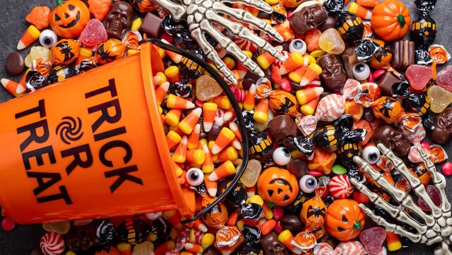 Halloween trick or treat bucket with assorted candy and skeleton hands