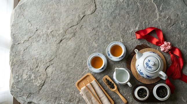 China National Day Chinese National Day Chinese Tea Set with Teapot and Cups on Large Stone Surface chinese, tea set, teapot, cups, stone