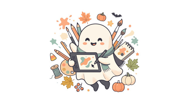 Cute cartoon ghost artist drawing on digital tablet with art supplies