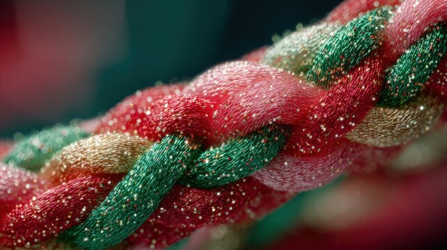 Festive kumihimo braiding with Christmas colored threads being woven,