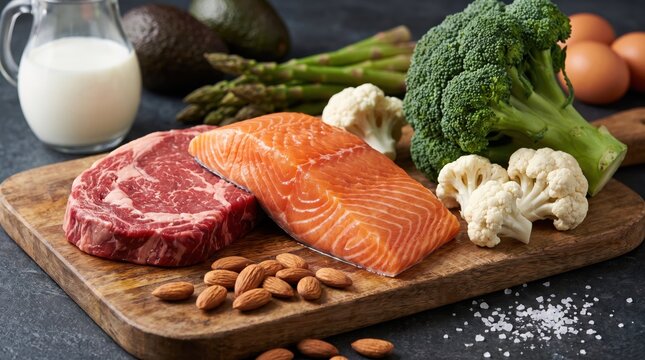 Fresh raw salmon fillet and marbled beef steak arranged on wooden board with healthy vegetables and almonds for keto diet