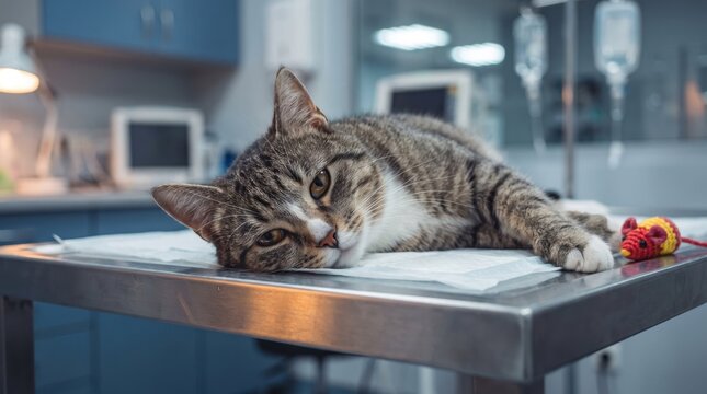 Tabby cat resting peacefully on a cold metal examination table inside a professional veterinary clinic during a routine medical checkup