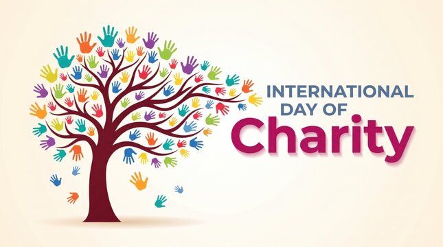 Colorful tree illustration made of vibrant handprints representing unity and community support for the international day of charity event concept