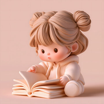 Cute chubby cartoon girl in claymation style holding open book shows curious look, featuring adorable young reader studying with happy emotion