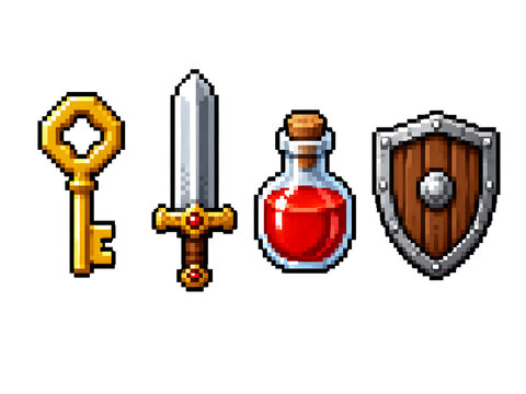 Pixel art fantasy game icons set with sword, shield, key and health potion.