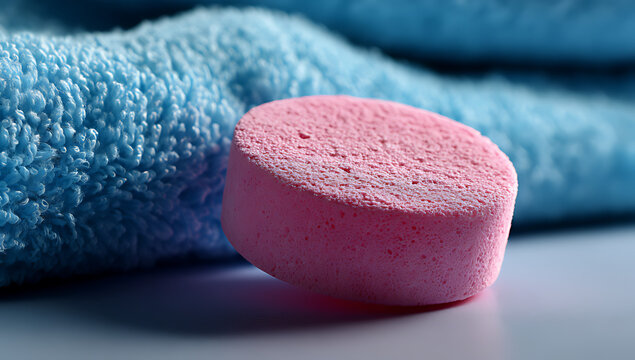Close-up shot of a round pink facial sponge