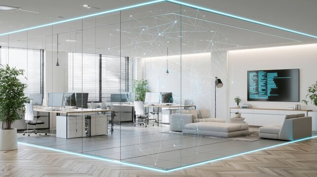 Modern contemporary office with open workspace and digital technology setup