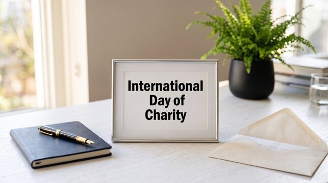 Silver picture frame displaying international day of charity text on a clean white desk with a pen and notebook