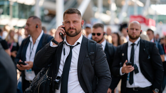 A close protection team navigates a crowded autumn trade fair, earpieces in place, scanning exits while a principal moves through a dense exhibit hall, the bodyguard unit diverse in background and a
