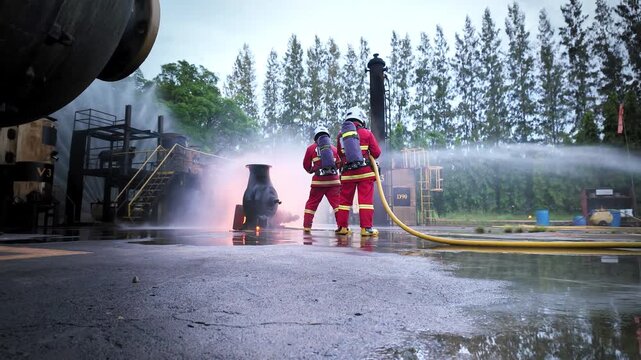 Firefighters use a water hose to suppress an industrial fire during emergency response training in a wet outdoor facility