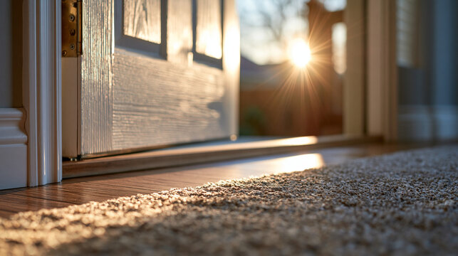 Close up of the bottom edge of a bright residential entry door with a visible gap before installation of a door sweep no people bright residential entry door visible gap door