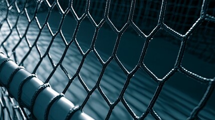 Fototapeta premium Close-up of a metal chain-link fence surrounding a sports or industrial area