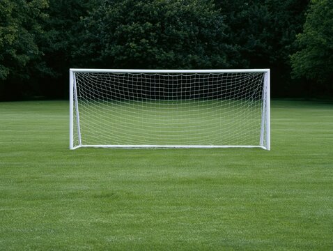 Soccer goal on a green grass field with trees in the background