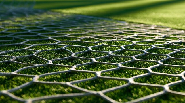 Close-up of metal fence mesh over green grass in bright outdoor setting